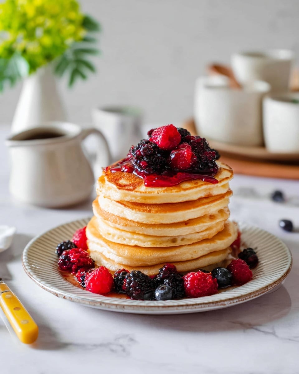 A stack of seven golden-brown pancakes sits in the center of a white plate with a slightly raised edge, each pancake fluffy with light browning around the edges and visible soft texture. On top, there is a layer of shiny red syrup with whole raspberries and blackberries nestled in it, creating a fresh and juicy appearance. At the base of the stack on the plate, more mixed berries including raspberries, blackberries, and blueberries add contrasting dark reds, purples, and blues with a glossy look. The plate rests on a white marbled surface with a blurred background featuring white kitchen items and a small white vase with bright green leaves. A knife with a yellow handle lies beside the stack on the plate. photo taken with an iphone --ar 4:5 --v 7