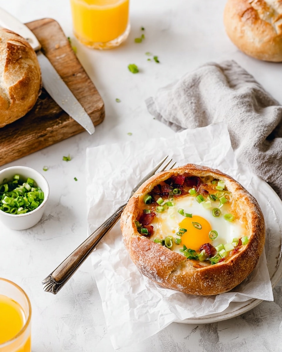 A round hollow bread bowl with its top placed slightly to the side shows a baked egg with a bright yellow yolk and white cooked egg white on top. Under the egg, inside the bowl, crispy bacon and melted cheese can be seen with small green chopped scallions scattered on the egg and around the bowl. The bread bowl sits on crumpled white parchment on a white plate with a knife and fork resting beside it. Nearby, there is a small white bowl filled with more chopped scallions and two glasses of orange juice placed on a white marbled surface, along with a wooden cutting board holding another bread bowl and a gray soft cloth. photo taken with an iphone --ar 4:5 --v 7