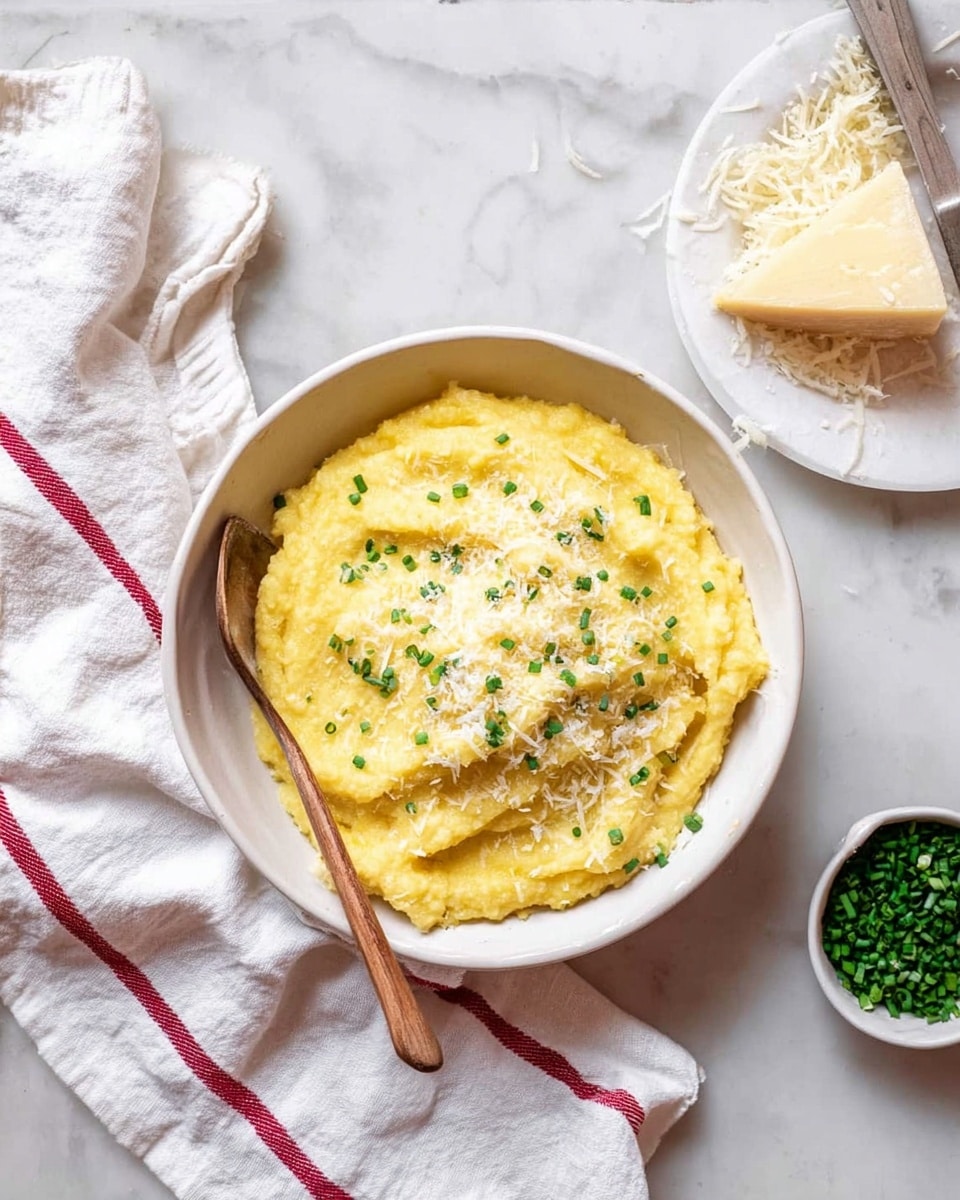 A white bowl filled with creamy yellow polenta, topped with a sprinkling of grated white cheese and small green chive pieces scattered on top. A wooden spoon rests inside the bowl on the left side, partially covered by the polenta. Nearby, on a white marbled surface, there is a white plate with a wedge of pale yellow cheese and some shredded bits of cheese beside it. To the right of the bowl, a small white bowl contains chopped green chives. A white cloth with red stripes is placed beneath the small bowl and extends towards the bottom right corner of the image. photo taken with an iphone --ar 4:5 --v 7