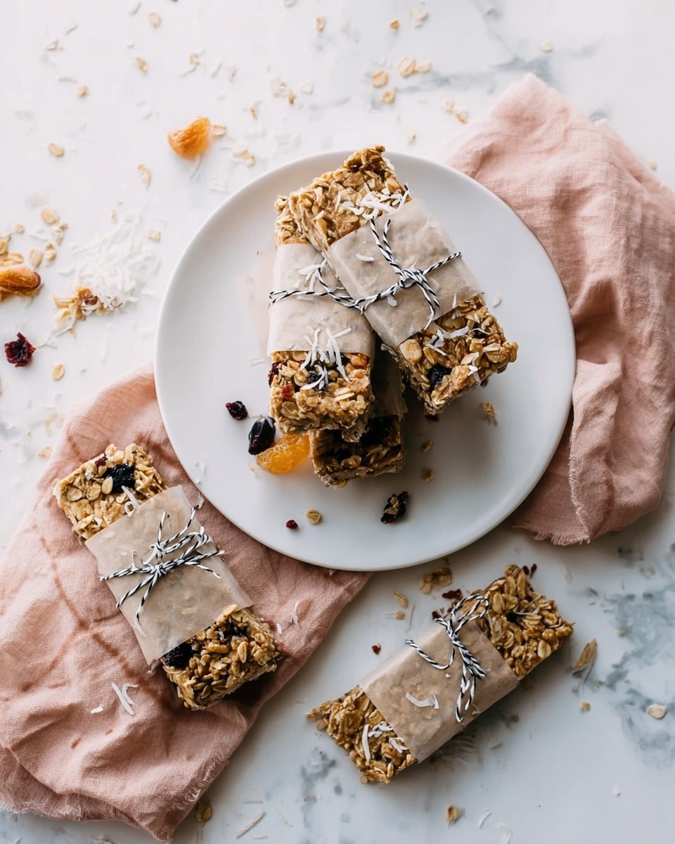 The image shows several granola bars layered with visible oats, dried orange pieces, dried blueberries, and coconut flakes. Each bar is partly wrapped in a light brown parchment paper, tied with thin black and white string. Three bars are stacked roughly in the center on a white round plate, while three others lie scattered outside the plate on a white marbled surface. There is a soft, pale pink cloth casually placed near the plate, adding a gentle color contrast. Small bits of the granola mix are scattered around the plate and bars for a natural, rustic feel. photo taken with an iphone --ar 4:5 --v 7