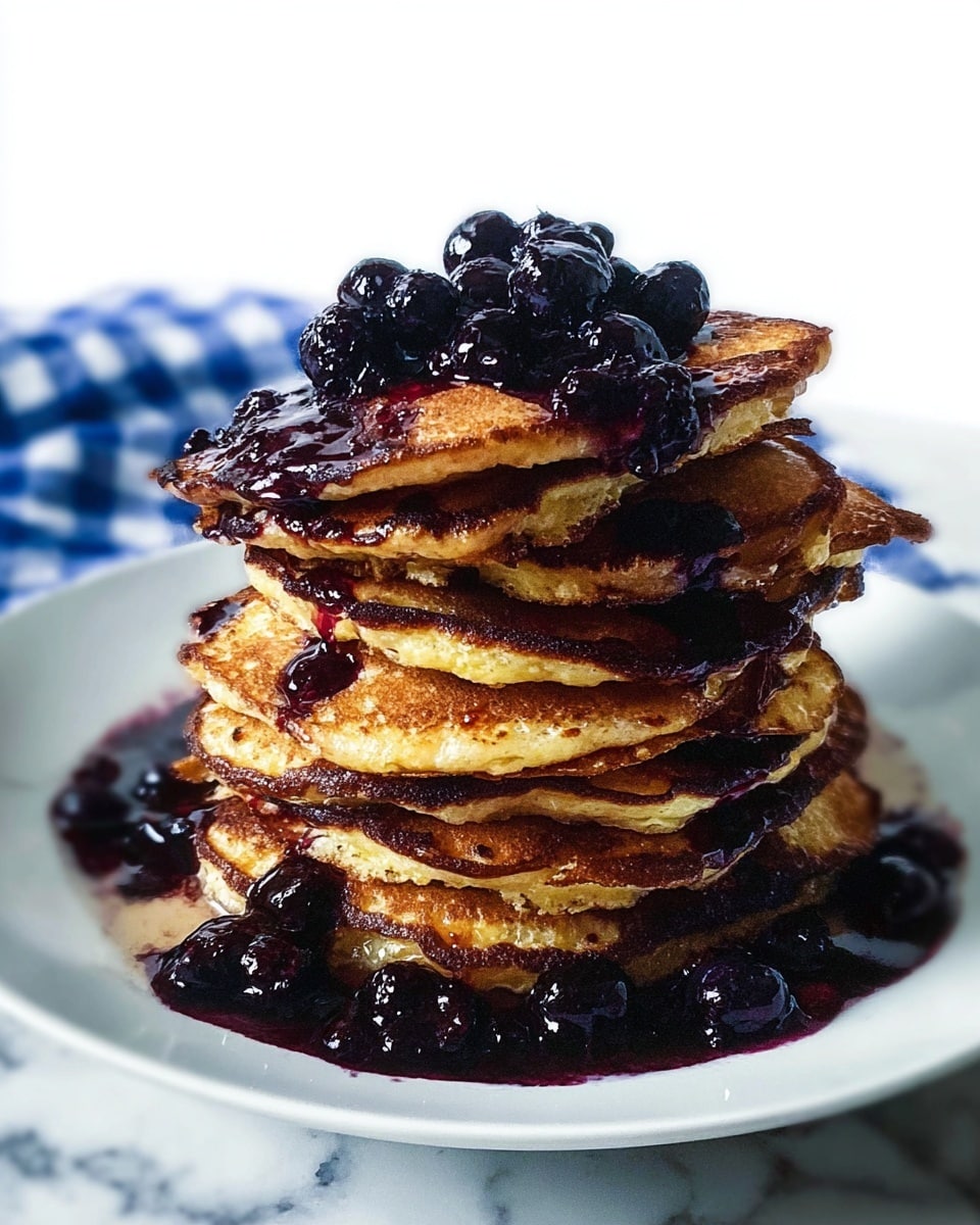 A tall stack of about eight golden-brown pancakes, each slightly uneven with crispy edges, is layered one on top of the other. Dark purple blueberry sauce is generously drizzled over the entire stack, pooling around the bottom pancakes and on the white plate. Fresh, small, dark blueberries are scattered on top and between some pancake layers, adding a shiny, juicy texture. The stack sits on a white plate, placed on a white marbled texture surface with a hint of a blue and white checkered cloth in the background. photo taken with an iphone --ar 4:5 --v 7