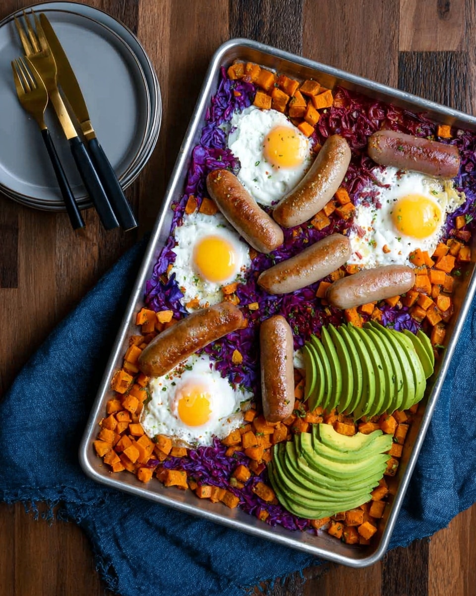 A metal baking tray filled with a colorful meal, showing a base layer of small orange cubed sweet potatoes mixed with pieces of purple cabbage spread across the tray. Four cooked eggs with slightly runny whites and bright yellow yolks are evenly placed in the middle section. Four light brown sausages are placed around the eggs, two on the top and two near the bottom right. Two sliced avocados with green, smooth, fan-like layers are placed on the right side of the tray. The tray rests on a dark wooden table with a blue cloth partially underneath it, next to a stack of white plates with a gold and black fork and knife on top. photo taken with an iphone --ar 4:5 --v 7