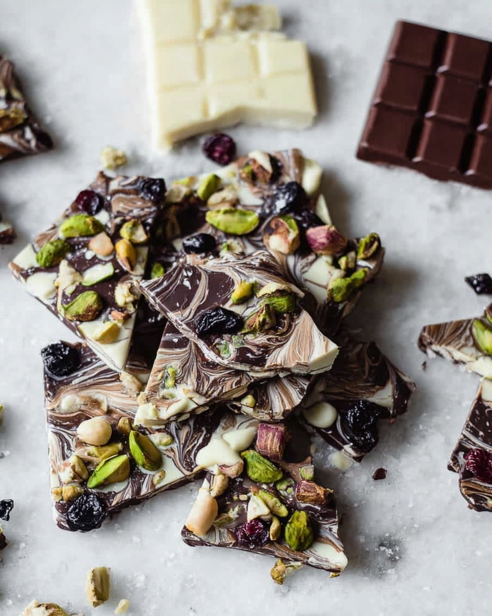 The image shows broken pieces of marbled chocolate bark scattered on a white marbled surface, each piece with a swirled mix of dark and white chocolate creating a creamy brown and ivory pattern. The bark is topped with visible layers of whole pistachios in green, dried dark cherries or blueberries, and small nut bits that add texture and color contrast. Some solid squares of white and dark chocolate rest nearby, creating a clean, simple background for the rich, varied bark pieces. The overall look is rustic and textured with different colors popping within the chocolate layers. Photo taken with an iphone --ar 4:5 --v 7