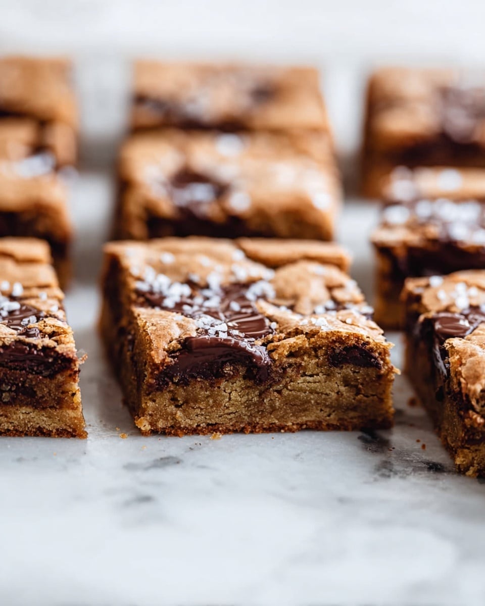The image shows thick square pieces of blondie arranged closely together on a white marbled surface. Each piece has a light golden brown bottom layer that looks soft and cakey. The top layer is slightly cracked with pockets of dark melted chocolate visible throughout, and a few flakes of white salt sprinkled on top, adding texture. The blondies' edges are clean and straight, suggesting they were cut neatly. The soft focus in the background highlights the front piece clearly, with a shallow depth of field giving a cozy, homemade feel. photo taken with an iphone --ar 4:5 --v 7