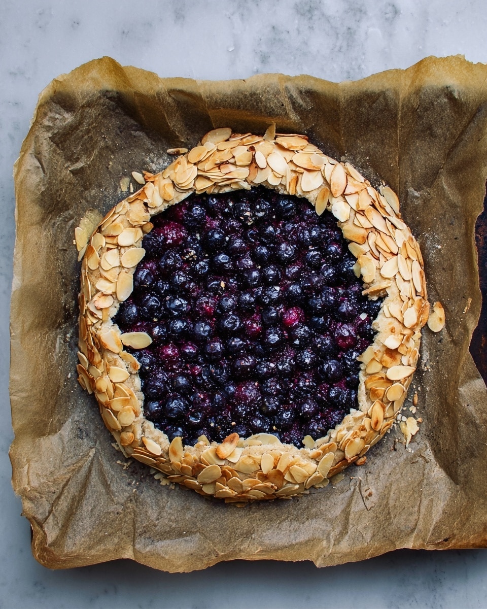 A round rustic tart is shown on a baking sheet lined with parchment paper. The tart has a single thick crust layer that is golden brown with toasted almond slices scattered on the outer edge. The center of the tart is filled with a dense pile of dark purple and deep blue berries, creating a contrast in color with the crust. The edges of the crust fold slightly over the filling, revealing the almond topping on the rim. The baking sheet is on a white marbled texture surface. photo taken with an iphone --ar 4:5 --v 7