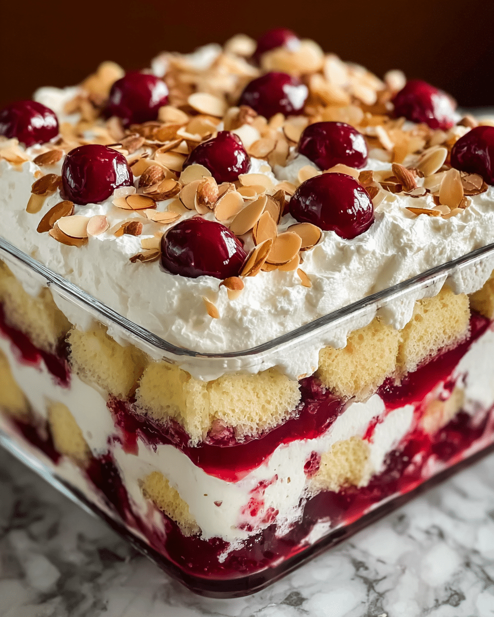This dessert is shown in a clear glass square dish, placed on a white marbled surface. It has four visible layers: the bottom layer is a deep red cherry jelly, followed by a thick white creamy layer. Above that is a layer of light yellow cake cubes, which are soft and airy in texture. Next is another thin layer of white cream mixed with bits of red cherries. The top layer is a thick, fluffy white cream decorated with whole dark red cherries and a generous sprinkling of light brown almond slices, adding texture and color contrast. Photo taken with an iphone --ar 4:5 --v 7