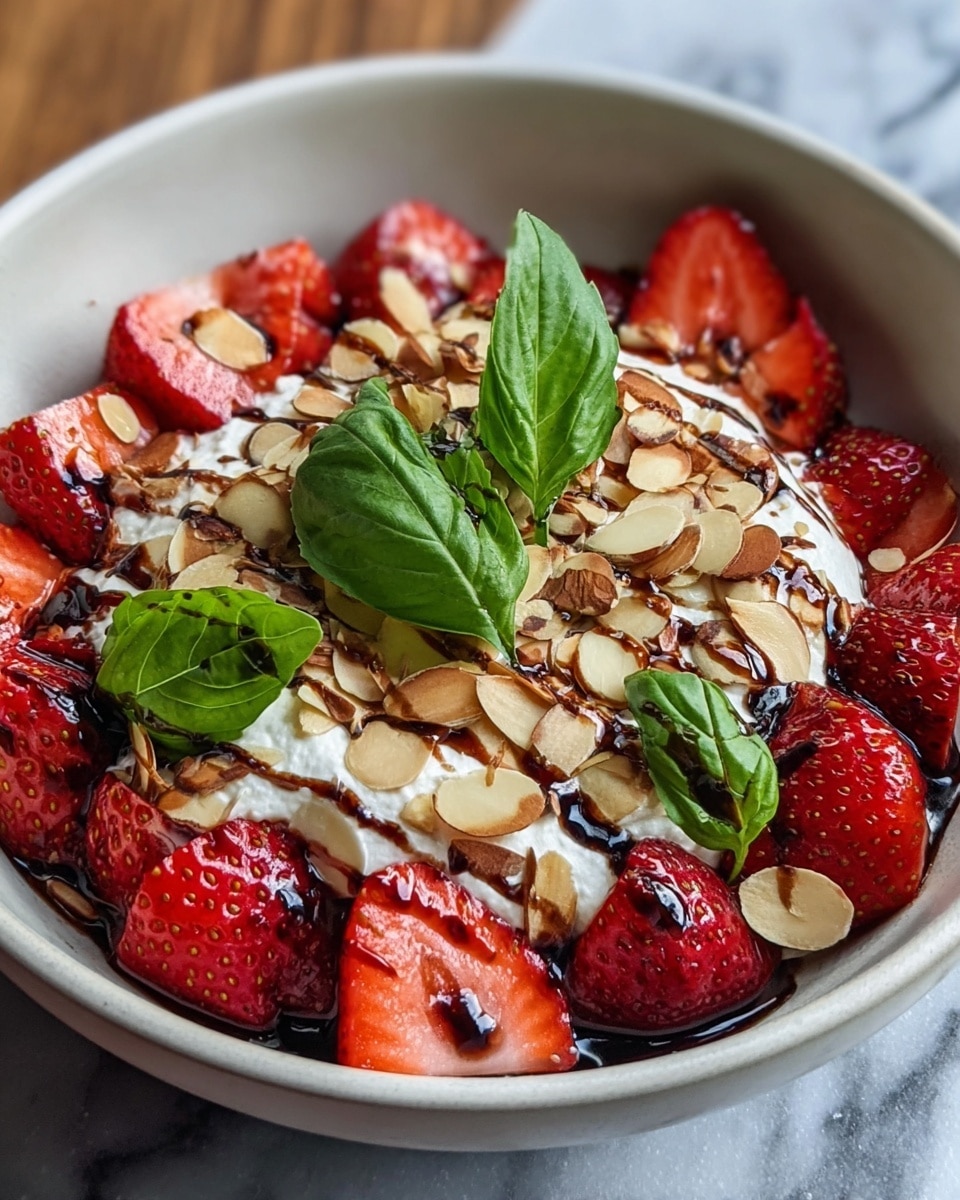A white bowl filled with a layered dessert starting with a base of white creamy cheese around the edges, topped with bright red halved strawberries arranged close to the cheese layer. Above the strawberries and cheese, there are toasted sliced almonds scattered generously, with a glossy dark balsamic glaze drizzled over everything. Bright green fresh basil leaves sit on top, adding a fresh color contrast. The decoration and textures show a mix of smooth creaminess, glossy glaze, crunchy nuts, and juicy fruit, all presented on a white marbled surface. photo taken with an iphone --ar 4:5 --v 7