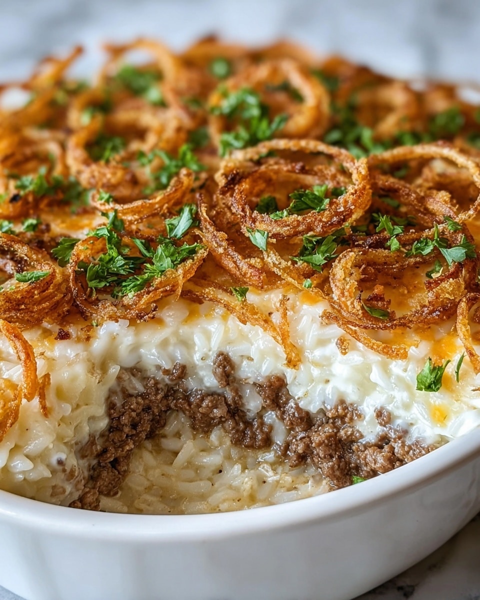 A close-up of a three-layer baked dish in a white ceramic round dish, the bottom layer is creamy with white rice grains visible, the middle layer consists of browned ground meat, and the top layer features a thick white sauce covered with golden crispy fried onion rings and fresh green parsley pieces sprinkled on top, all placed on a white marbled surface. photo taken with an iphone --ar 4:5 --v 7