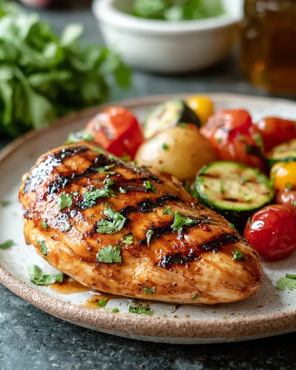 A close-up of a grilled chicken breast with visible char marks and a shiny glaze, sprinkled with small green cilantro leaves. Behind the chicken, there are colorful roasted vegetables including red and yellow cherry tomatoes, green zucchini pieces, and light potatoes, all slightly shiny with a roasted texture. The food is served on a round white plate with a rough texture that looks rustic. The background shows a blurred bowl of green leaves and some kitchen items on a white marbled surface. photo taken with an iphone --ar 4:5 --v 7