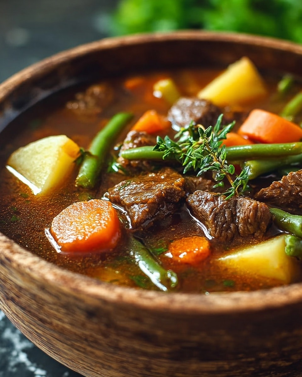A close-up view of a brown bowl filled with beef stew, showing chunks of dark brown beef, bright orange carrot pieces, pale yellow potato cubes, and green beans, all in a rich brown broth. Small green herb sprigs are placed on top, adding fresh green color. The bowl sits on a white marbled surface with some blurred green foliage in the background. photo taken with an iphone --ar 4:5 --v 7