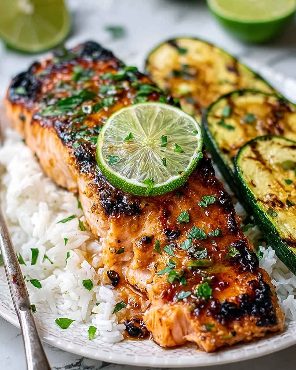 A close-up of a grilled salmon fillet with a crispy, slightly charred top layer in shades of golden brown and black, topped with bright green chopped herbs and a wedge of shiny lime. Beneath the salmon is a bed of fluffy white rice, partially visible. On the side, there are two slices of grilled zucchini with browned grill marks and a slight yellow-green color. The plate is white with a subtle texture, and part of a silver fork and green lime wedges are blurred in the background, all set against a white marbled surface. photo taken with an iphone --ar 4:5 --v 7