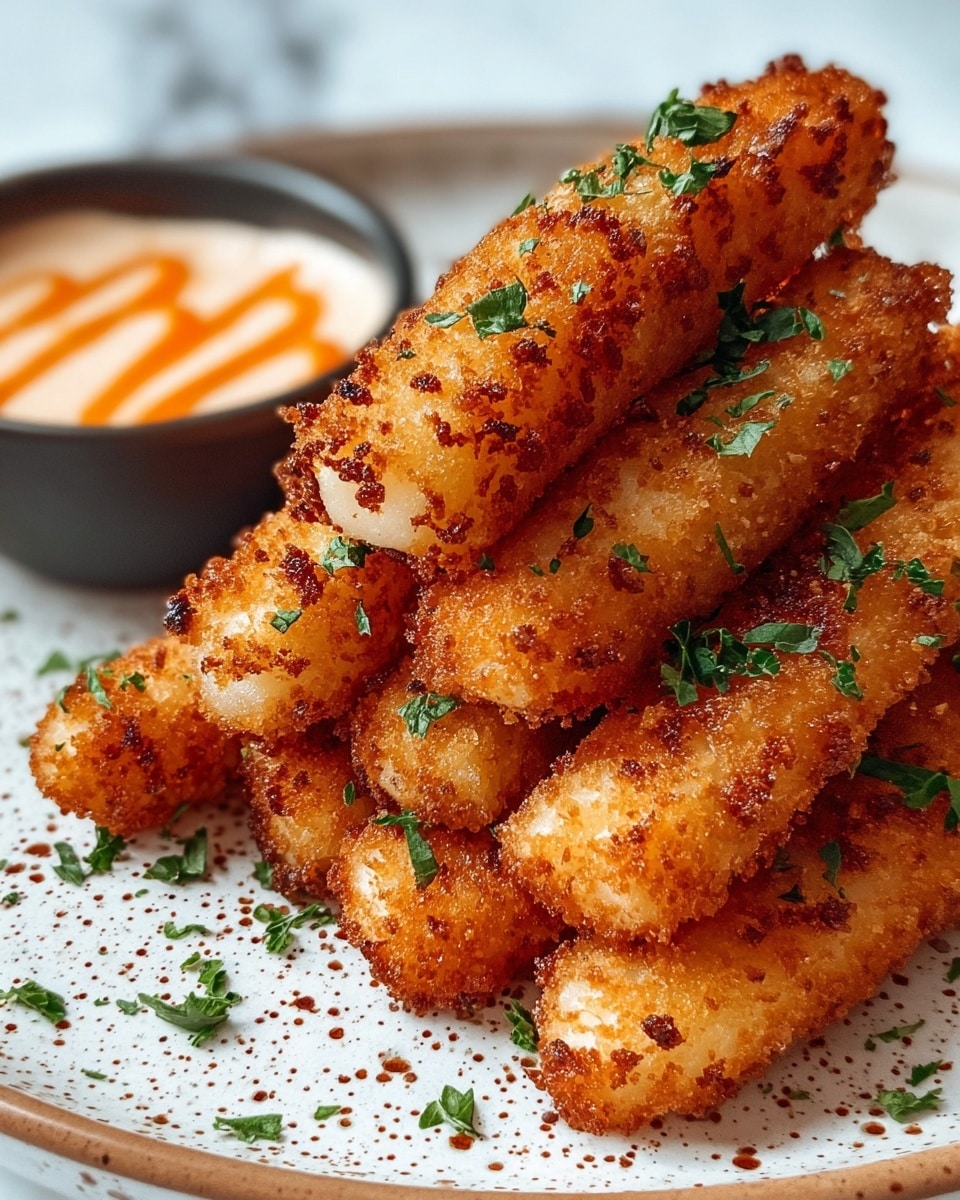 The image shows a close-up of a stack of golden-brown fried mozzarella sticks arranged horizontally and slightly overlapping on a white plate with a speckled brown pattern. Each mozzarella stick has a crispy textured coating with small patches of darker brown from frying. Small green parsley pieces are scattered on top of the mozzarella sticks, adding a fresh color contrast. In the background to the left, there is a small dark bowl filled with a creamy beige dipping sauce topped with an orange drizzle and additional parsley. The entire scene is set on a surface with a white marbled texture. Photo taken with an iphone --ar 4:5 --v 7