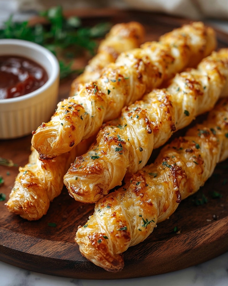 The image shows four golden brown twisted pastry sticks placed closely on a dark wooden plate. Each pastry has around five visible layers with a flaky texture, sprinkled with small bits of melted cheese and tiny green herb pieces on top. The pastries have a glistening finish that highlights their crispiness. In the blurry background, there is a white bowl containing a dark red sauce, slightly out of focus. Some green leaves are also faintly visible on the left side. The entire setting rests on a white marbled texture. photo taken with an iphone --ar 4:5 --v 7