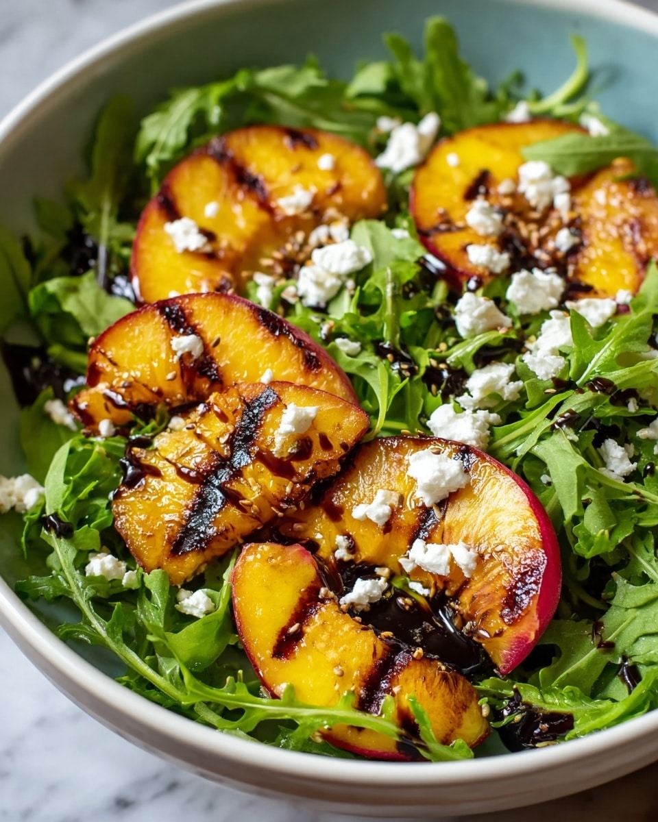 A white bowl filled with a fresh salad that has three main layers: the base is bright green arugula leaves with a soft, leafy texture; on top, there are five thick slices of grilled peach with golden yellow flesh and reddish skin, showing dark char marks; sprinkled over everything are small crumbly white pieces of goat cheese with a creamy texture, and the whole dish is drizzled with a shiny dark balsamic glaze. The photo is taken on a white marbled surface. photo taken with an iphone --ar 4:5 --v 7