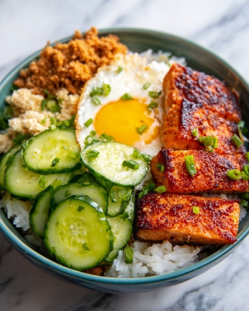 The image shows a white bowl on a white marbled surface filled with a colorful rice bowl dish. At the bottom, there is a layer of white rice. On top of the rice, there are three thick pieces of grilled salmon with a crispy, reddish-brown crust placed slightly off-center. To one side, there is an arrangement of fresh cucumber slices, bright green and slightly translucent. Near the top, there is a sunny-side-up egg with a vibrant yellow yolk and white edges. On the opposite side of the salmon, there is a light brown crumbly layer, possibly cooked minced meat or textured protein. The whole dish is garnished with small green chopped herbs scattered over the top. Photo taken with an iphone --ar 4:5 --v 7