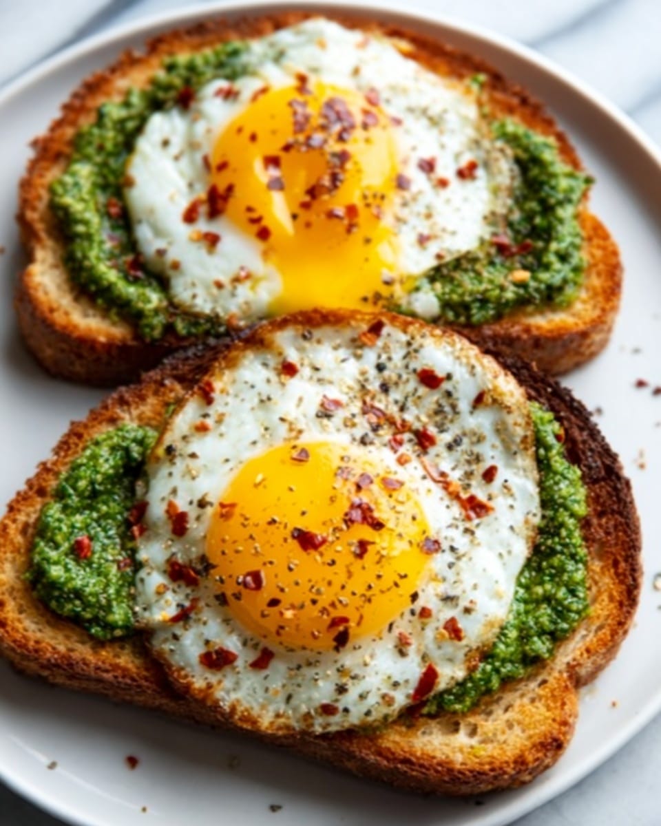 Two slices of toasted bread on a white plate, each topped with a bright green pesto spread as the base layer. On top of the pesto is a sunny-side-up egg with a rich yellow yolk and slightly crispy white edges. A sprinkle of red chili flakes and black pepper is scattered over the eggs, adding small specks of color. The bread toast looks crunchy and golden brown around the edges. The scene is set on a white marbled surface. Photo taken with an iphone --ar 4:5 --v 7