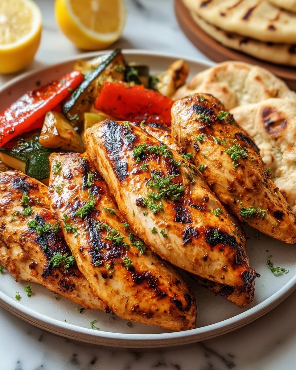 The image shows five grilled chicken breast pieces with a golden brown color and some charred black spots, arranged in the center of a white plate placed on a white marbled surface. The chicken is garnished with small green chopped herbs on top. Behind the chicken, there are red and green grilled vegetable chunks, likely bell peppers and zucchini. To the upper left, there are two lemon halves with a pale yellow color. On the upper right side of the plate, there are folded grilled flatbreads with light brown spots and a slightly puffed texture. The colors are warm and vibrant, giving a fresh, tasty look. Photo taken with an iphone --ar 4:5 --v 7