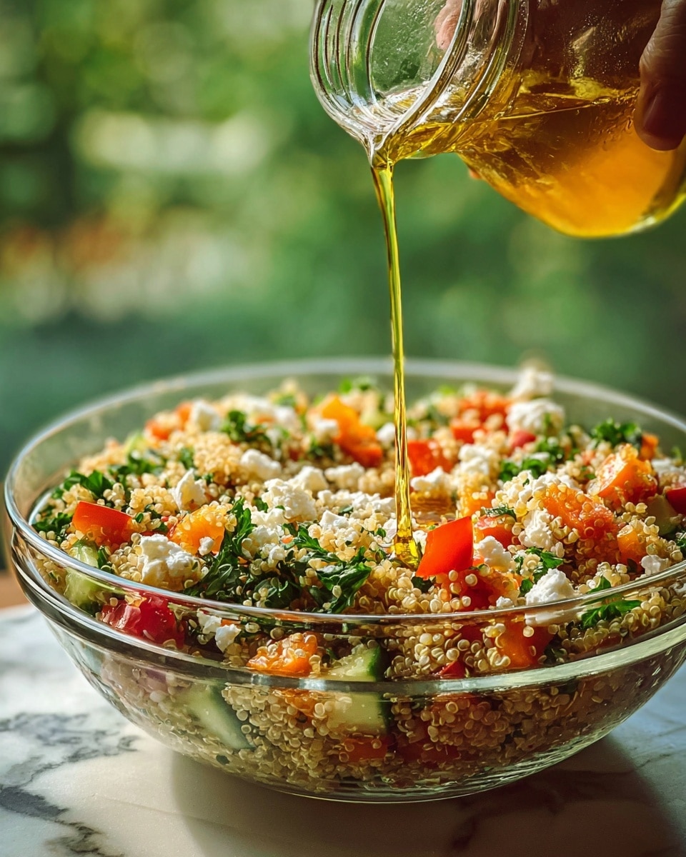 A clear glass bowl filled with a colorful quinoa salad sits on a white marbled surface. The salad has a base layer of cooked light brown quinoa, mixed with finely chopped green parsley and cucumber pieces. There are bright red tomato chunks scattered throughout. On top, small white crumbles of cheese add texture and contrast. A woman's hand is pouring golden yellow olive oil from a clear glass jar over the salad, catching the light with a shiny, smooth flow. The background is softly blurred with green tones, highlighting the freshness of the salad photo taken with an iphone --ar 4:5 --v 7