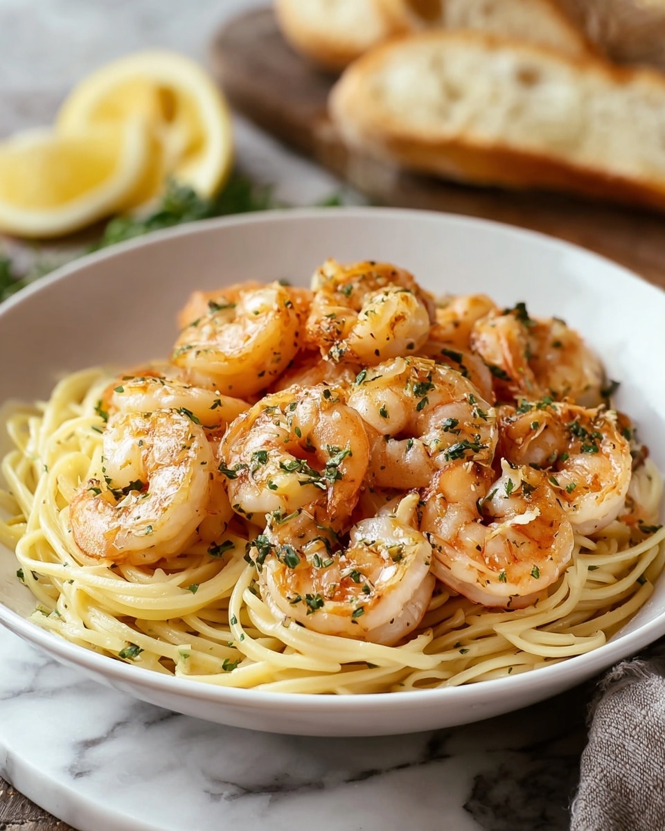 The dish shows a white plate filled with a base of light yellow spaghetti noodles piled loosely. On top, there are about ten shrimp with an orange-pink color and light grill marks, scattered closely together. The shrimp have green herb sprinkles on them, adding spots of dark green contrast. In the background, there are some sliced white bread pieces leaning against the plate. The surface beneath the plate has a white marbled texture. photo taken with an iphone --ar 4:5 --v 7