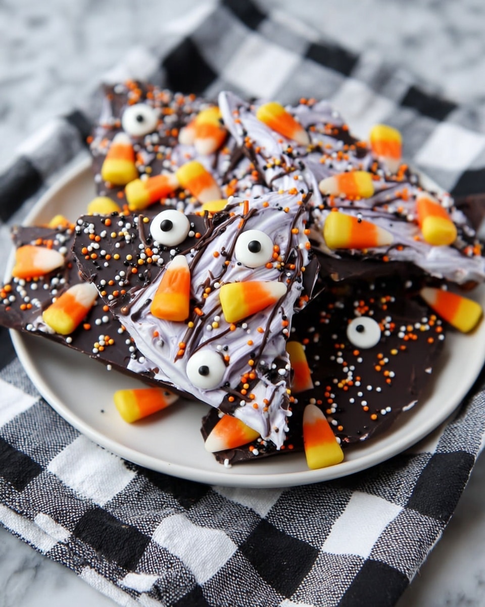 The dish shows broken pieces of dark chocolate bark layered with a swirl of smooth white and purple cream on top. On this creamy layer are scattered small candy eyes in white with black centers, and candy corn pieces in yellow, orange, and white colors. The bark is also decorated with tiny round sprinkles in black and orange, along with thin drizzles of dark chocolate. All pieces are served on a white plate set on a black-and-white checkered cloth over a white marbled surface. photo taken with an iphone --ar 4:5 --v 7