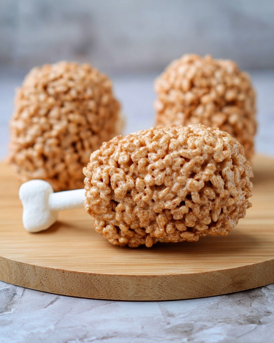 The image shows three treats shaped like drumsticks on a light wooden round board, each treat made of light brown crispy cereal clusters molded tightly in an oval shape to resemble cooked chicken, attached to white bone-shaped sticks that look like marshmallows. The background is a white marbled texture. The focus is on the front drumstick-shaped treat, showing the rough crispy texture clearly, while the other two are slightly blurred behind it. Photo taken with an iphone --ar 4:5 --v 7