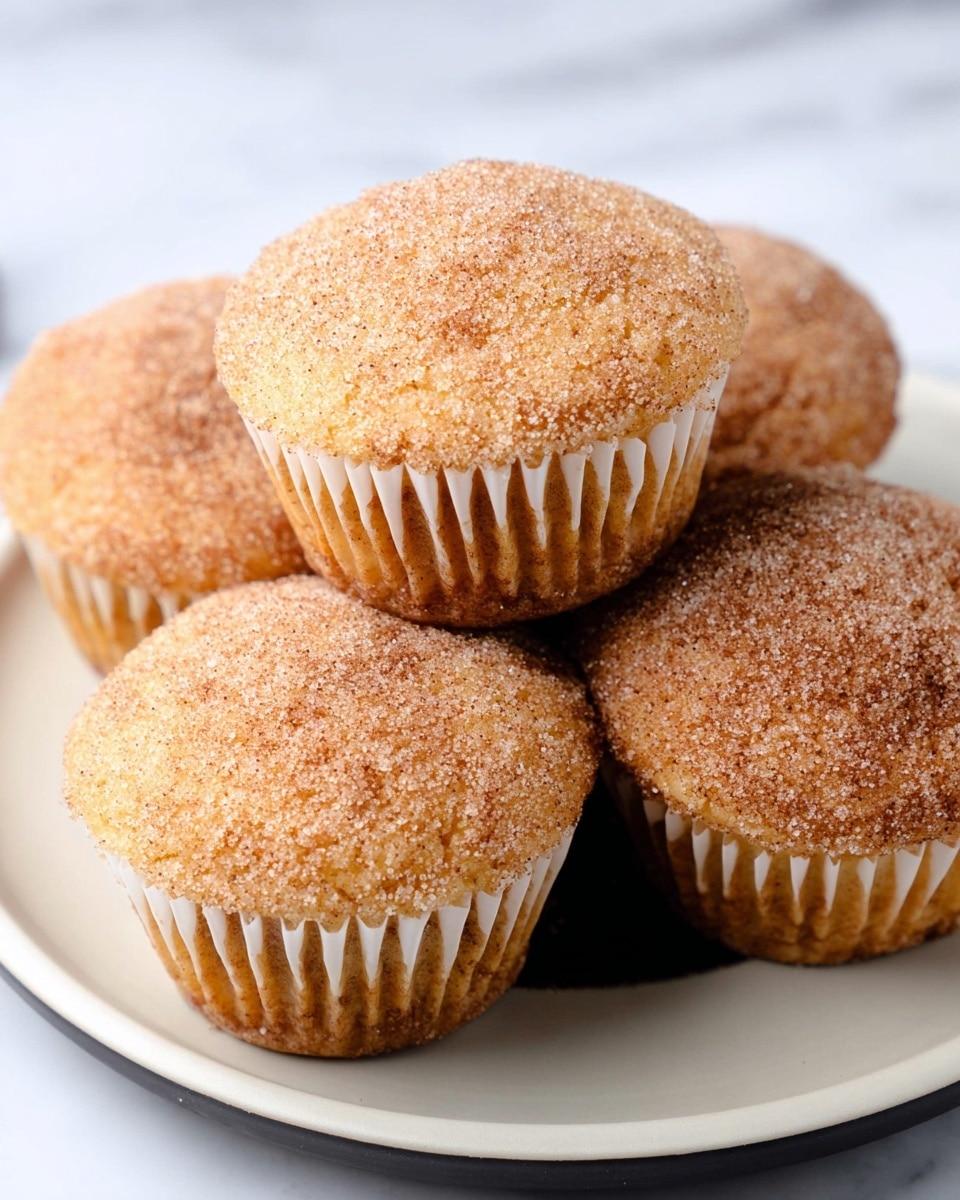 A close-up view of five soft muffins arranged in a small pile on a white plate, each muffin covered evenly with a light, grainy coating of cinnamon sugar that gives a textured, slightly sparkly look. The muffins have a light brown color with a smooth, rounded top and are wrapped in white paper liners showing off a soft crumb underneath. The plate sits on a white marbled surface, adding a clean and bright contrast to the warm tones of the muffins. photo taken with an iphone --ar 4:5 --v 7