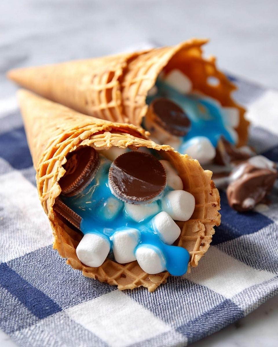 A close-up view of two waffle cones placed side by side on a black and white checkered cloth over a white marbled surface, each cone filled with multiple small white marshmallows, round milk chocolate pieces, and topped with drizzles of shiny white and bright blue syrup that flows down the marshmallows and chocolates inside the cones. The waffle cones have a golden-brown texture with visible crisp edges. Photo taken with an iphone --ar 4:5 --v 7