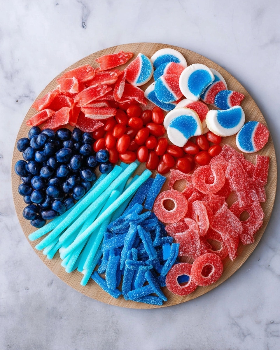 A round wooden board filled with different colorful candies sits on a white marbled surface. The top left has red fish-shaped gummies, next to semi-circle blue and white sugar-coated jellies. Below these, bright red small jelly beans are clustered. To the left, there are red and white gummy fish mixed with blue and white gummy fish shapes. A small pile of dark blue jelly beans sits near the bottom left, with light blue jelly beans to the right. Several light blue candy sticks are laid horizontally near the bottom center. Bright red sugar-coated strips are placed along the bottom edge, while red and blue ring-shaped gummies dusted with sugar are to the right. The whole display is vibrant and neatly arranged, forming a multi-layered, colorful candy spread. photo taken with an iphone --ar 4:5 --v 7