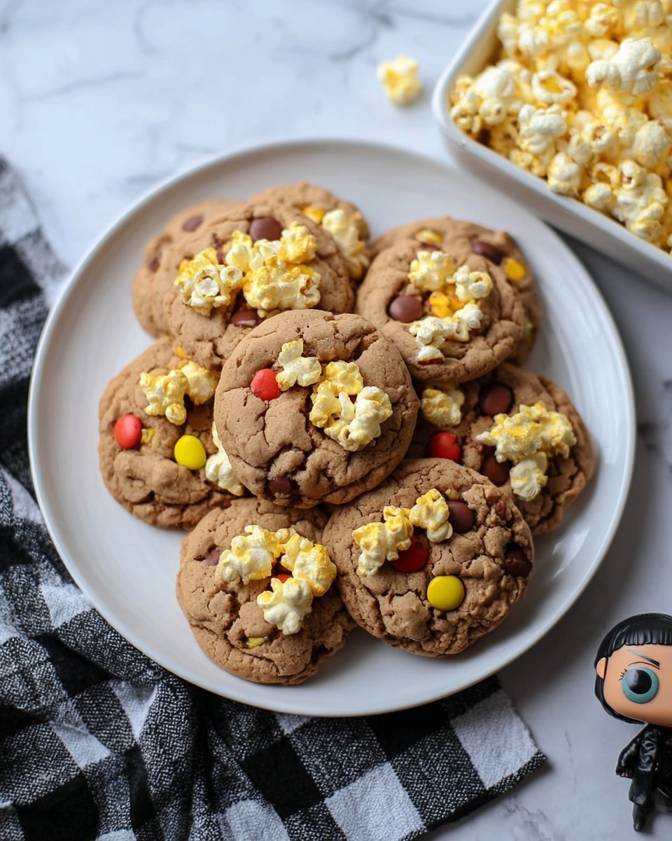 A white round plate filled with several soft brown cookies that have cracks and scattered red, yellow, and brown candy pieces baked inside. On top of each cookie, there are small clusters of yellow and white popcorn pieces, adding a light and fluffy texture. The plate is placed on a black and white checkered cloth, and to the right side, a small figurine with large round eyes is visible. The background is a white marbled texture. photo taken with an iphone --ar 4:5 --v 7