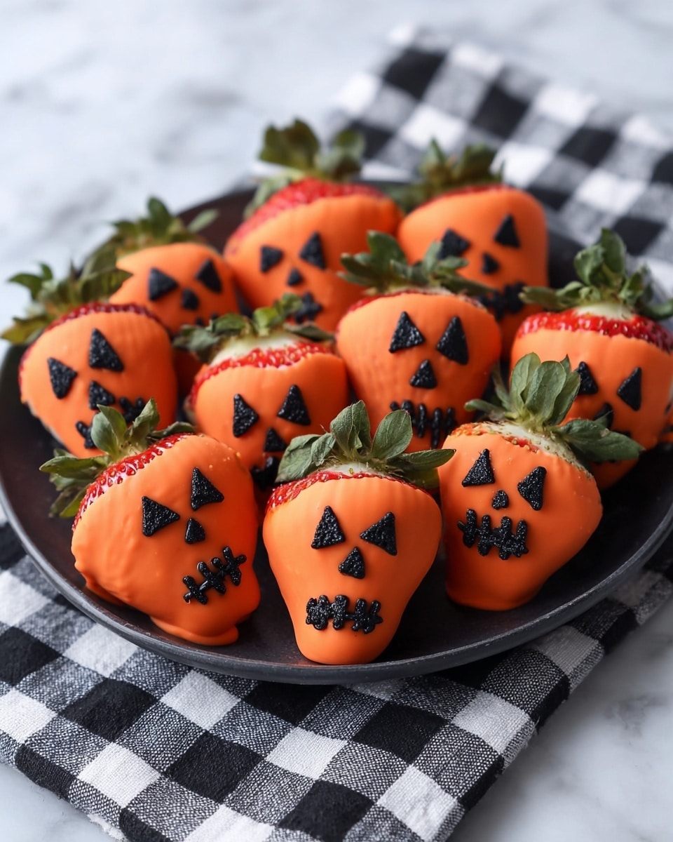 The image shows a black plate filled with a pile of strawberries dipped in smooth, bright orange coating. Each strawberry is decorated with black icing forming simple skull faces, where two star-shaped eyes and vertical lines for teeth cover the front, giving a fun spooky look. The strawberries’ green leaves peek out from the top, adding a fresh touch to the orange coating. The plate sits on a black-and-white checked cloth, all set against a white marbled surface. photo taken with an iphone --ar 4:5 --v 7