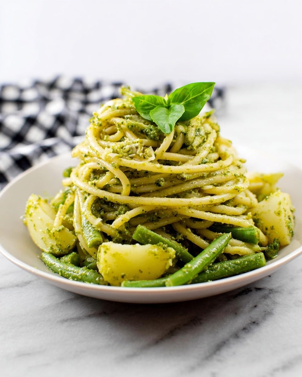A white plate holds a tall pile of spaghetti mixed with green pesto sauce, giving the noodles a light green color and slightly rough texture. Around the base and mixed in are green beans and chunks of light yellow potatoes, adding more color and texture. On top of the spaghetti, there is a small green basil leaf for decoration. The plate is set on a white marbled surface with a black and white checkered cloth in the background. photo taken with an iphone --ar 4:5 --v 7
