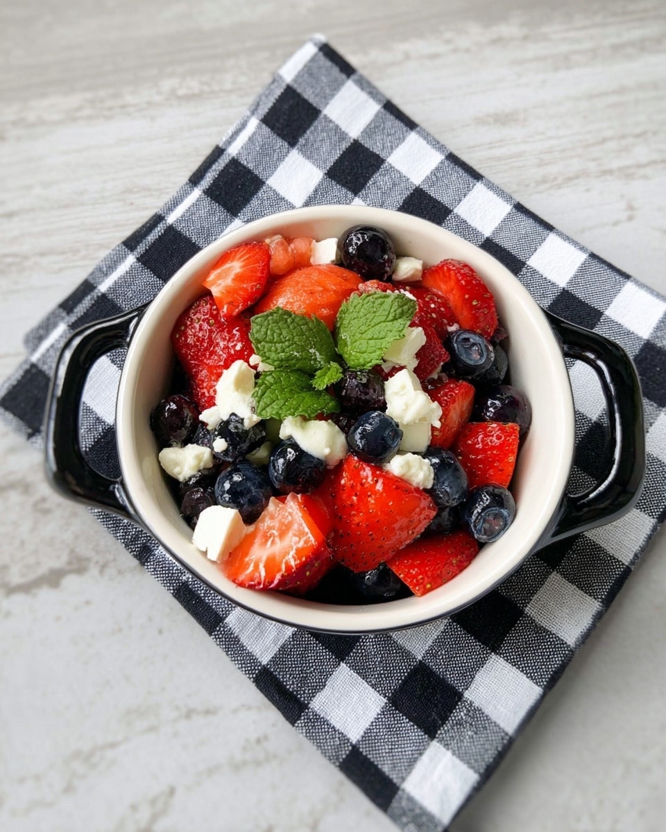 A white small bowl with black handles holds a fresh fruit salad on a white marbled texture covered with a black and white checkered cloth. The salad has three main layers: at the bottom are many dark blue blueberries with smooth texture, the middle layer shows sliced red strawberries with a juicy, slightly shiny look, and scattered white creamy chunks of cheese sit among the fruit. Bright green mint leaves are placed on top, adding a fresh contrast to the red and blue colors. The overall mix looks fresh and colorful, with a balanced distribution of fruits and cheese. Photo taken with an iphone --ar 4:5 --v 7