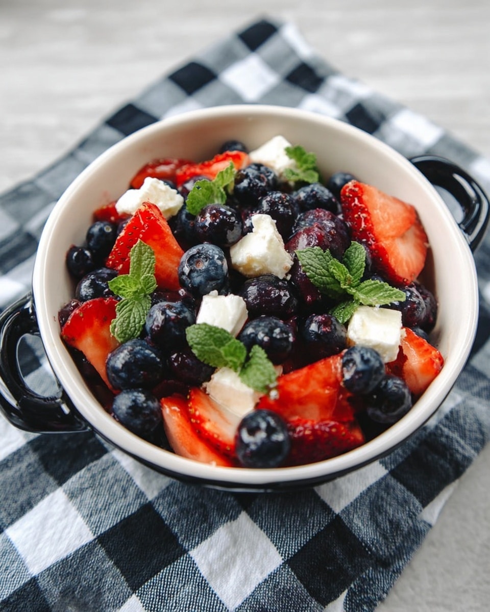 A small white bowl with black handles holds a fresh fruit salad. The bottom layer is deep blue blueberries, topped with bright red sliced strawberries. Scattered small white cheese chunks and fresh green mint leaves cover the top. The bowl is placed on a black and white checkered cloth set on a white marbled surface. Photo taken with an iphone --ar 4:5 --v 7