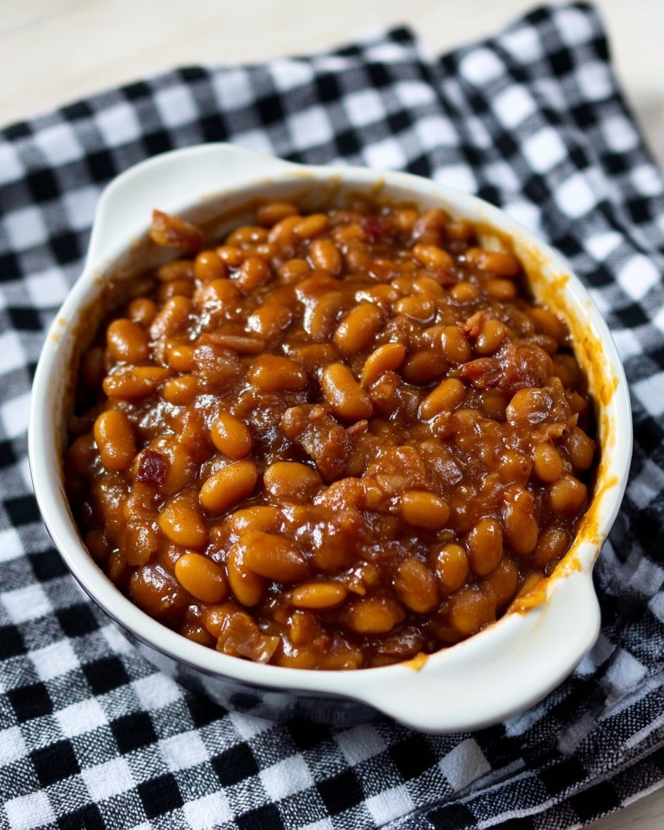 The image shows a white small casserole dish filled with baked beans that have a rich, shiny brown sauce covering the soft beans thoroughly, giving them a glossy, sticky look. The beans are packed tightly and appear tender with a few bits of browned onion or bacon mixed in, adding texture. The dish rests on a black and white checkered cloth, all placed on a white marbled surface. The sauce looks thick and slightly caramelized around the edges of the dish. photo taken with an iphone --ar 4:5 --v 7