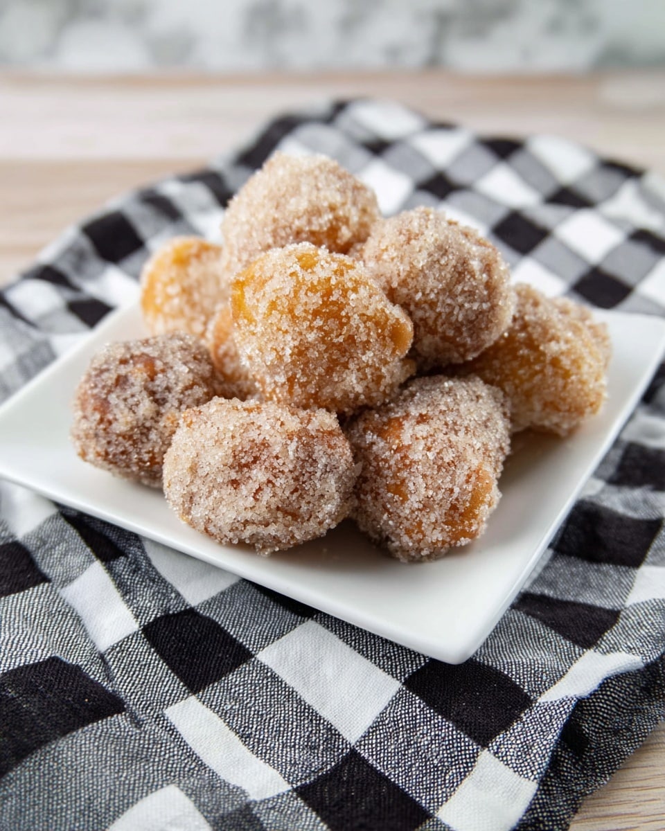 A white square plate holds a pile of small, round fritters covered in a coarse sugar coating, showing variations of light golden brown and darker brown colors on each piece. The fritters rest on a black and white checkered cloth, which is placed on a white marbled texture surface. The fritters are clustered closely together, creating a textured and sugary appearance that contrasts with the smooth edges of the plate. Photo taken with an iphone --ar 4:5 --v 7