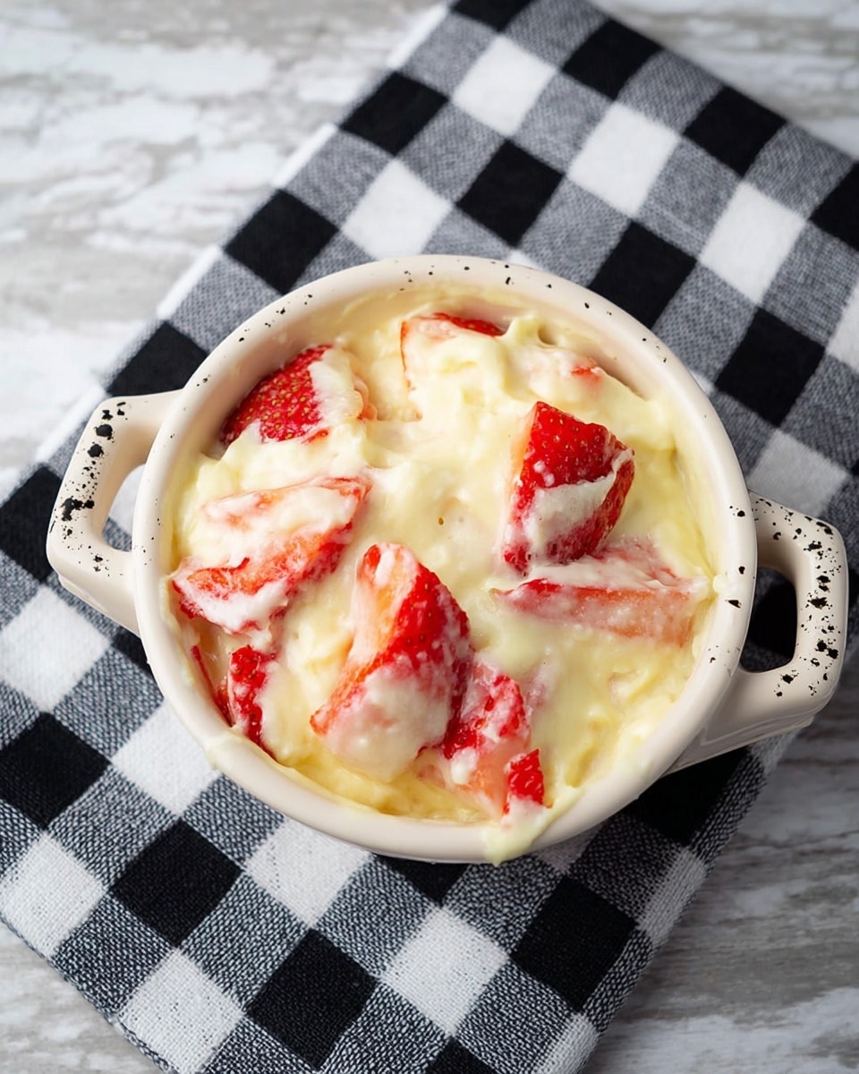A small white round bowl filled with a creamy, pale yellow mixture that looks thick and smooth. Inside the creamy layer are visible slices of bright red strawberries, scattered unevenly throughout, adding splashes of color breaking the cream's texture. The bowl has small black speckles and black handles on both sides. The bowl sits on a black and white checkered cloth, which is placed on a white marbled surface. The creamy layer covers and partly hides the strawberry slices, showing a rich and soft texture. photo taken with an iphone --ar 4:5 --v 7