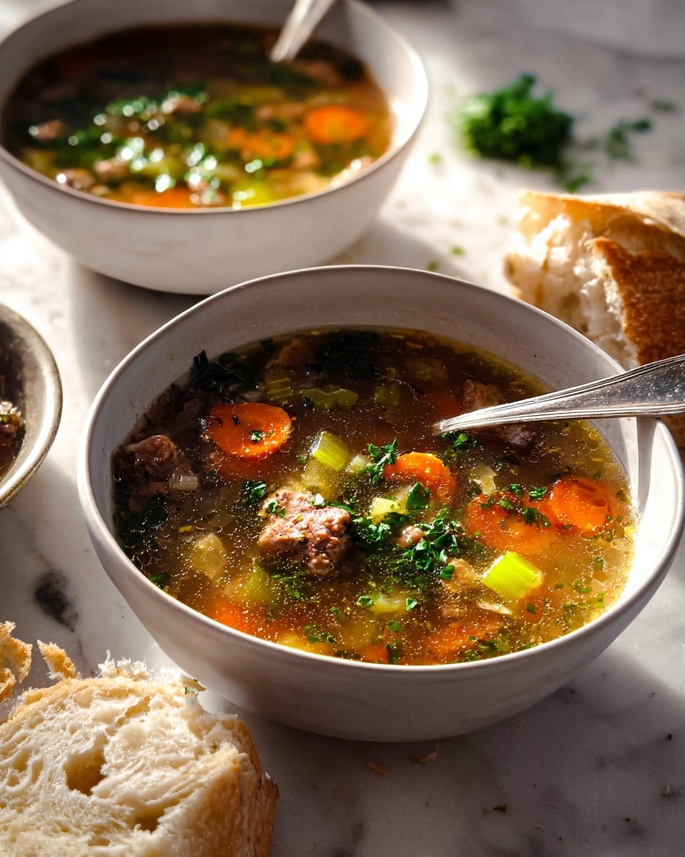 Two white bowls filled with steaming vegetable soup sit on a white marbled surface. Each bowl shows a rich broth with visible layers of ingredients, including bright orange carrot slices, pale green celery pieces, chunks of tender meat, and scattered green herbs on top. The soup has a slightly oily sheen reflecting warm sunlight. One bowl is closer, with a silver spoon resting inside, its handle leaning on a piece of crusty bread with a soft, airy texture. In the background, part of another white bowl and a spoon are faintly visible, while some chopped herbs lay scattered on the tabletop. Photo taken with an iphone --ar 4:5 --v 7