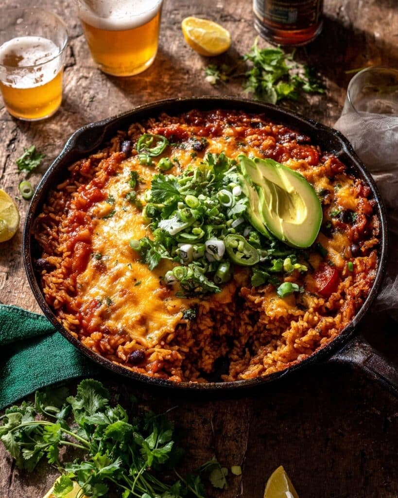One Skillet Cheesy Salsa Chicken Rice Bake Recipe