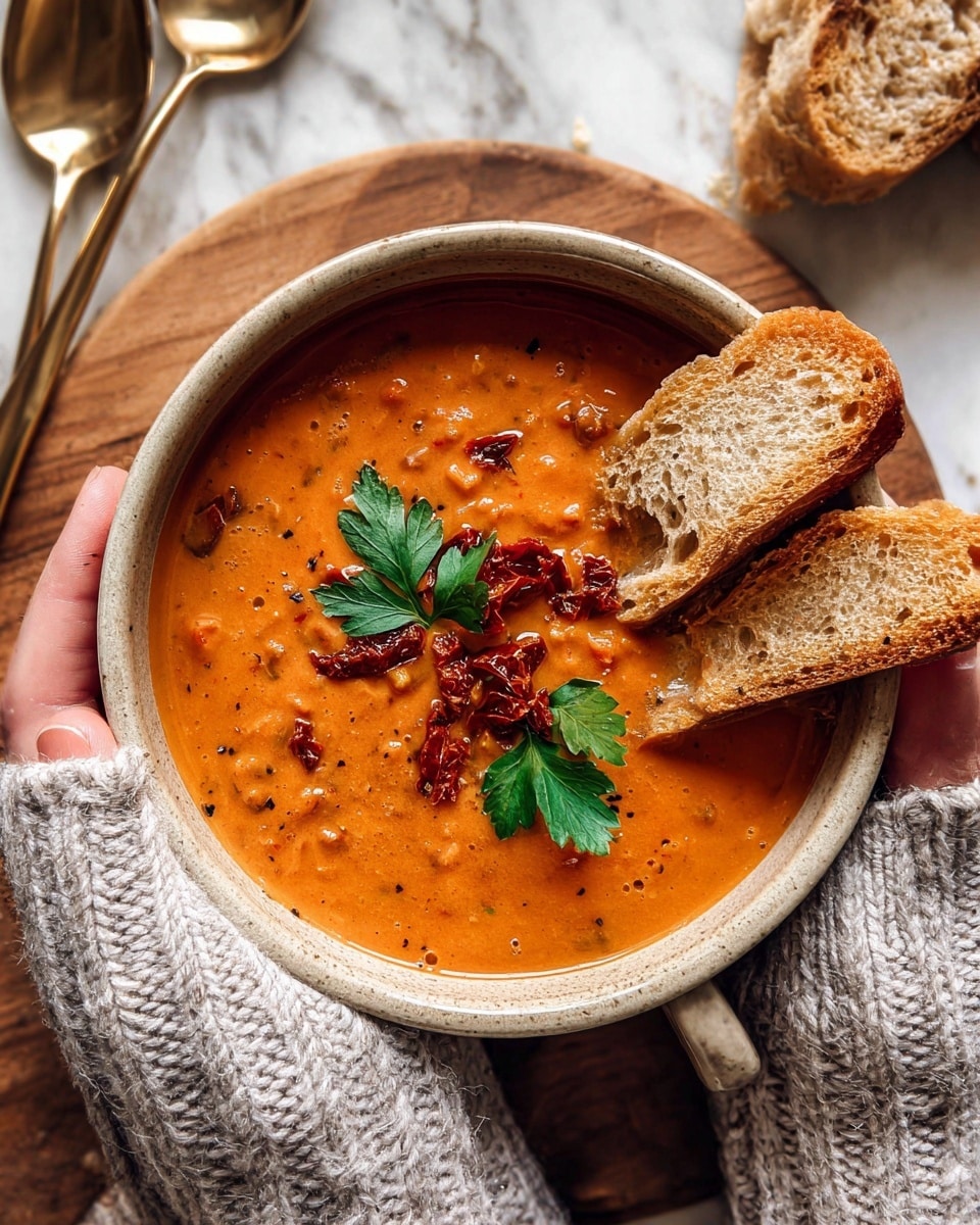 A beige ceramic bowl filled with creamy, orange-red tomato soup with visible small chunks and a slightly thick texture. On top of the soup, there are dark red sun-dried tomato pieces scattered and two fresh green parsley leaves placed in the center. Two pieces of toasted, light brown crusty bread rest on the right edge of the bowl. The bowl is held by a woman's hand wrapped in a light gray knitted sweater, set on a white marbled textured surface. Next to the bowl, there is a gold spoons partially visible and a piece of crusty bread in the upper part of the image. photo taken with an iphone --ar 4:5 --v 7