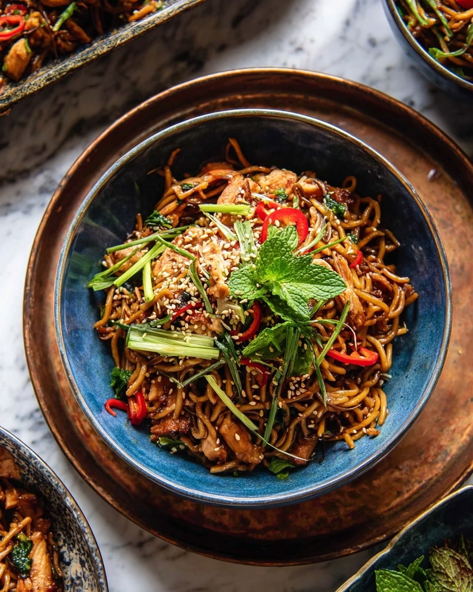 A blue bowl filled with a rich stir-fry noodle dish, showing five main layers: the bottom layer is dark brown stir-fried noodles, mixed with pieces of cooked chicken and bright red chili slices. On top of this is a layer of thin green scallions, cut lengthwise. The next layer has fresh green mint leaves scattered over the noodles, adding a bright freshness. There are toasted sesame seeds sprinkled across the entire dish for extra texture and a light tan color. The bowl sits on a rustic metal tray with other bowls around, all on a white marbled surface. photo taken with an iphone --ar 4:5 --v 7