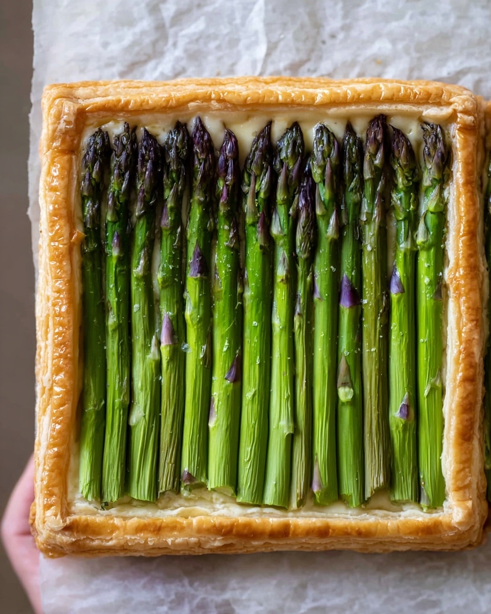 This image shows a square tart with two visible layers on a white marbled texture. The bottom layer is golden puff pastry, baked to a light crisp with slightly puffed edges. The next layer is a pale creamy cheese spread or melted cheese, slightly visible beneath a neat row of vibrant green asparagus spears placed vertically and touching each other, with some purple tips. The asparagus heads are fresh and evenly aligned, filling the tart's center completely. Photo taken with an iphone --ar 4:5 --v 7