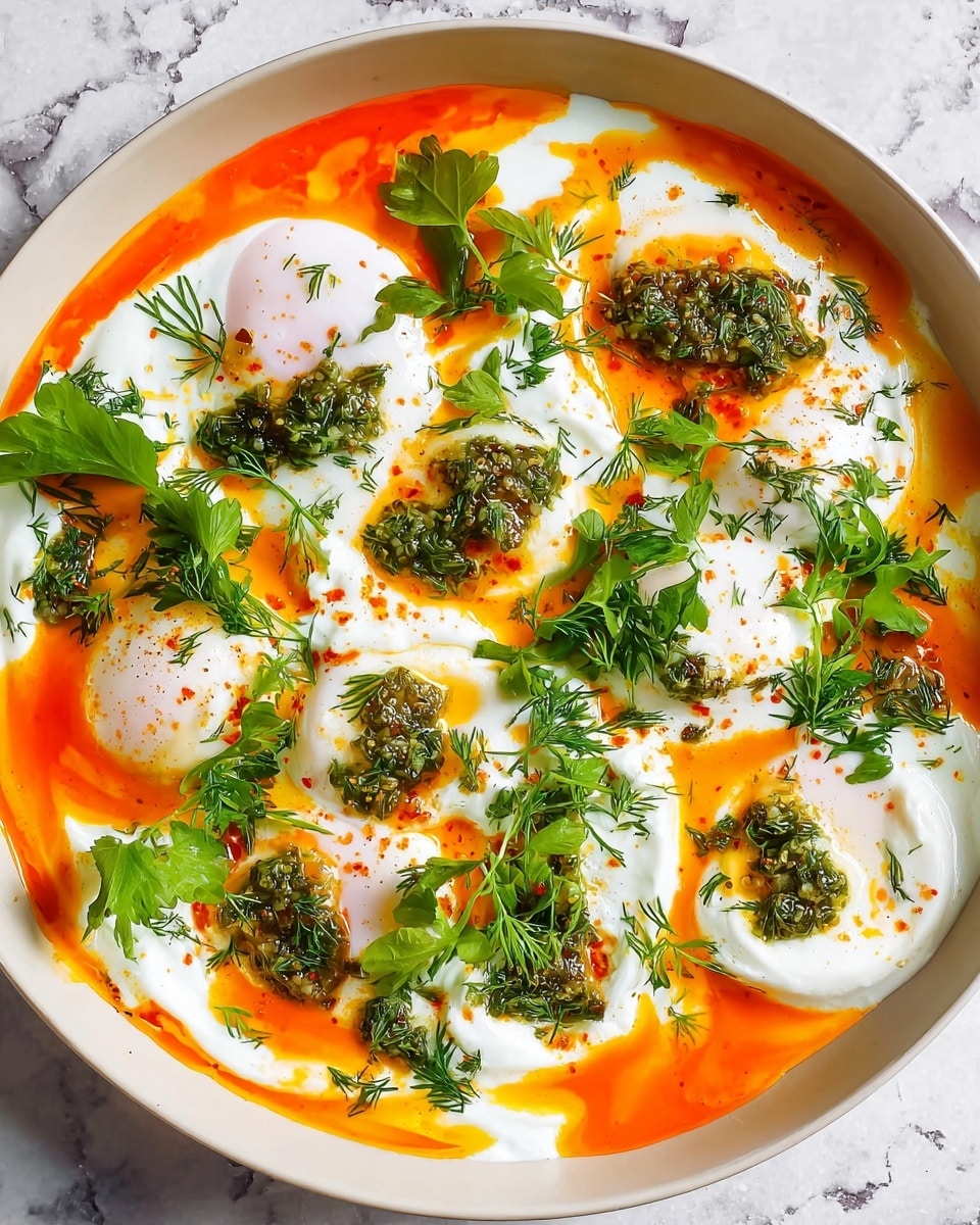 The image shows a white bowl filled with a dish that has six soft, white poached eggs spread out evenly. Around and on the eggs is a creamy white yogurt-like sauce as the base layer. Bright orange sauce with a smooth texture is drizzled around the eggs, creating a vivid contrast. Dark green herb sauce with small chopped herbs and onions is placed in small dollops over the eggs and sauce, adding texture. Fresh green herb sprigs and leaves are scattered on top, giving more color and freshness. The bowl sits on a surface with a white marbled texture. Photo taken with an iphone --ar 4:5 --v 7