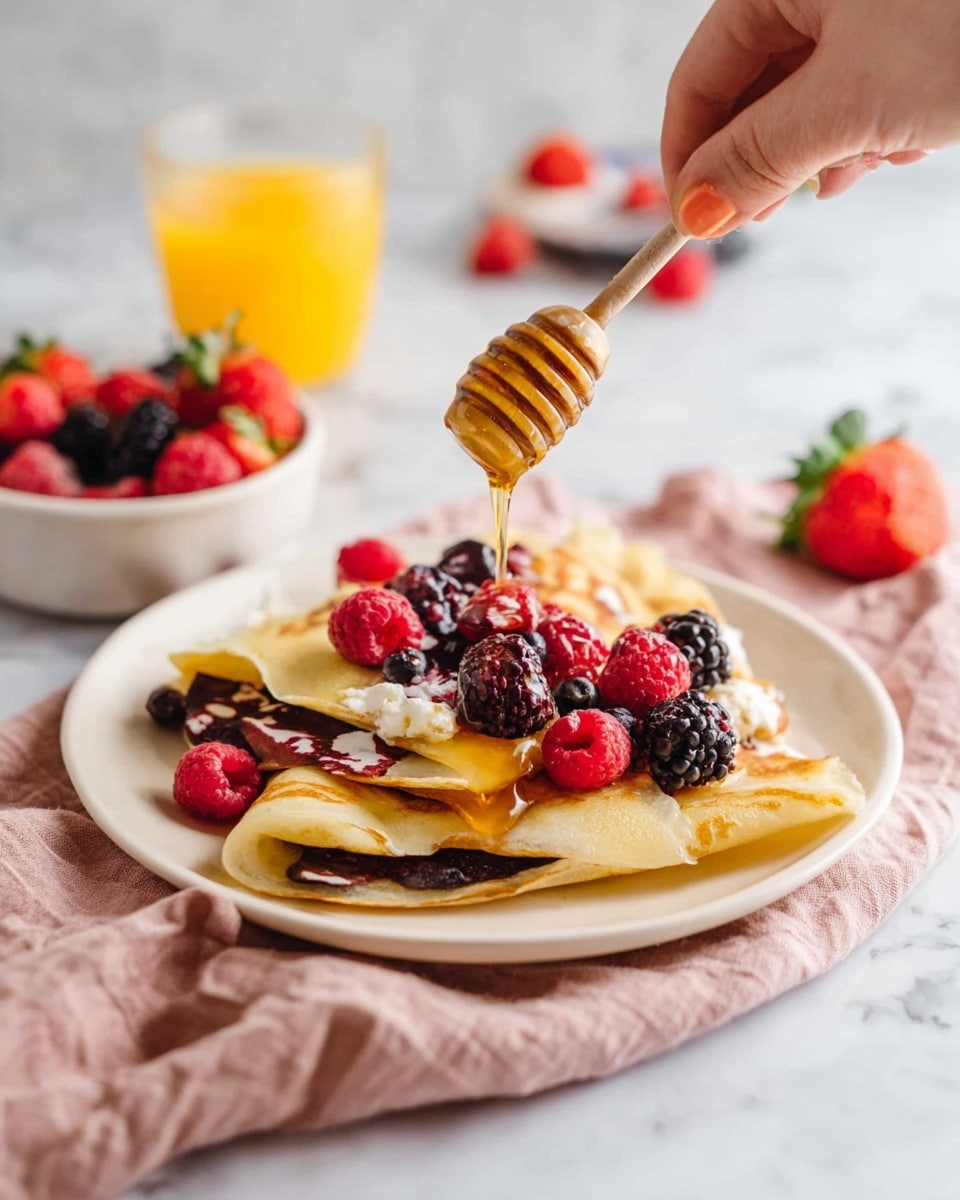 The image shows a white plate with three folded crepes arranged in layers; the bottom crepe is topped with a dark spread, the middle crepe is partially visible beneath the top one, which is covered with cream and mixed fresh berries including raspberries and blackberries, creating a mix of red, black, and white colors on the golden crepe. A woman's hand is seen holding a honey dipper above the plate, drizzling golden honey over the berries. In the background, there is a small white bowl filled with more mixed berries and a clear glass of orange juice, all placed on a white marbled surface with a soft pink cloth partially underneath the plate. Photo taken with an iphone --ar 4:5 --v 7