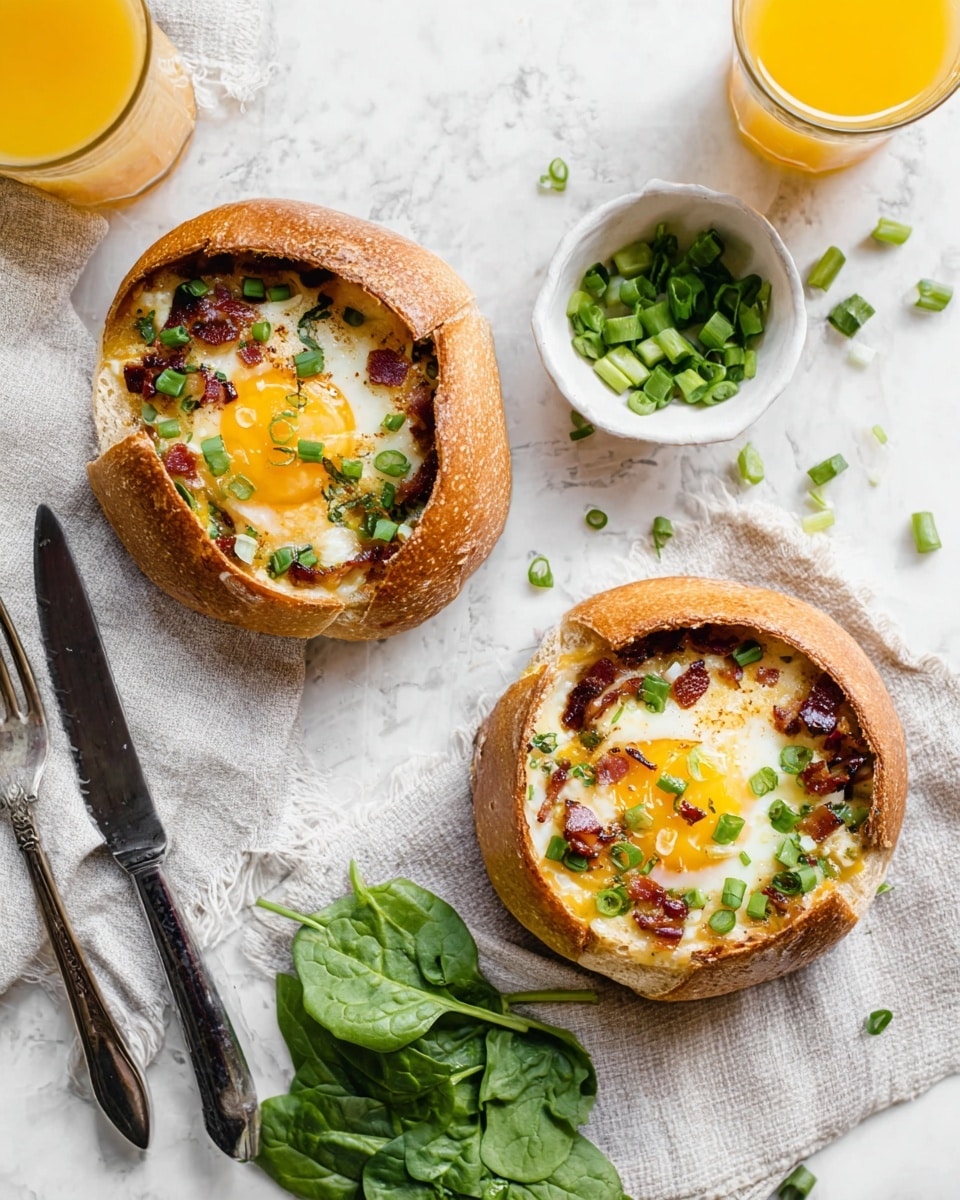 Two round bread bowls with their tops removed and placed to the side show layered baked eggs inside. Each bowl holds a sunny yellow egg center surrounded by white melted cheese and crisp browned bacon pieces, topped with chopped green onions scattered over all layers for a fresh look. Fresh spinach leaves lie nearby on a white marbled surface with a small white bowl holding more green onions. A fork and knife with black handles rest on a light gray cloth on the side, along with two glasses of orange juice in the background. photo taken with an iphone --ar 4:5 --v 7