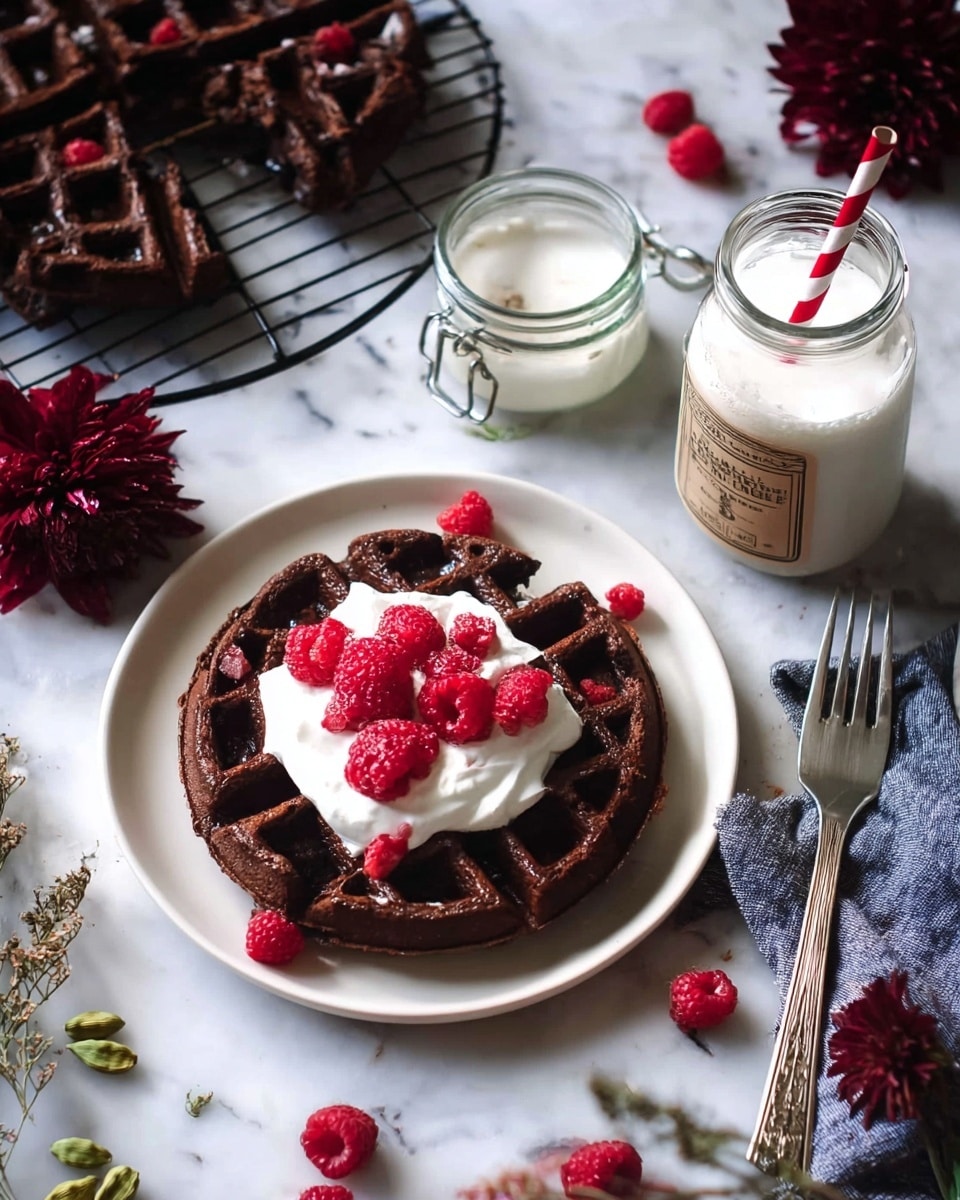 A single dark brown chocolate waffle sits on a white plate, topped with a thick layer of white whipped cream in the center, crowned with bright red raspberries scattered on top. A silver fork rests on the right side of the plate, touching the waffle. In the background, there is another large chocolate waffle on a black cooling rack along with a small white jar of cream and a glass bottle filled with milk with a red straw. Green cardamom pods are scattered near a container with a white label, and some burgundy flowers partially frame the scene set on a white marbled texture. photo taken with an iphone --ar 4:5 --v 7