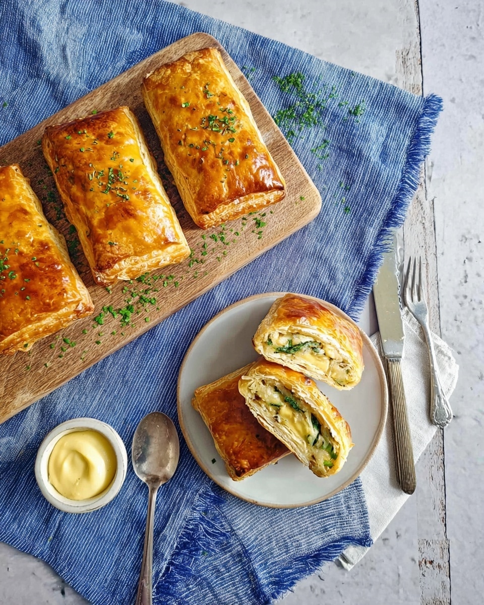 The image shows golden brown rectangular puff pastries with a shiny, crisp top crust placed on a wooden board, sprinkled lightly with green herbs. On a white plate, one pastry is cut in half, revealing a filling made of light green and white layers, likely vegetables and cheese, with some chopped herbs sprinkled inside and on top. The plate rests on a blue striped cloth, beside a small white bowl of light yellow mustard with a spoon inside, and a stainless steel knife and fork crossed next to it. The setting is on a white marbled surface. photo taken with an iphone --ar 4:5 --v 7