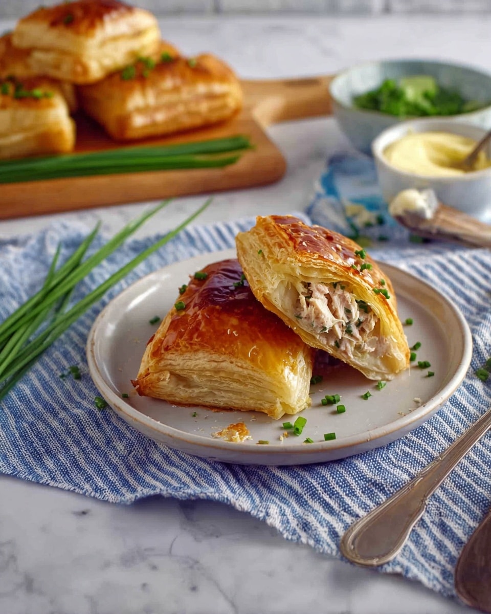 The image shows three pieces of golden brown puff pastry on a white plate, with one piece cut open and standing upright to reveal layers inside. The top layer is crispy and flaky with a shiny, baked finish, and inside there are visible layers of light beige cooked filling, possibly with bits of chicken or tuna, mixed with green herbs scattered on top. The plate sits on a striped cloth with fresh green chives lying nearby. In the background, there is a wooden board holding more pastries, and a small white bowl with a creamy yellow sauce and a spoon. A silver knife and fork are placed on the right side on the cloth, all on a white marbled surface. Photo taken with an iphone --ar 4:5 --v 7