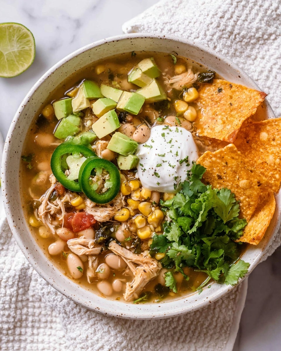A white speckled bowl filled with a hearty soup featuring shredded light brown chicken, yellow corn kernels, white beans, and small pieces of red tomato in a clear broth base. On top, there is a layer of diced bright green avocado and a dollop of white sour cream with a light sprinkle of seasoning. Next to these, two slices of fresh green jalapeño peppers and a small bunch of fresh cilantro leaves add a vibrant touch. Several seasoned orange tortilla chips rest on the side with a wedge of pale green lime nearby. The bowl is on a white marbled surface with a white textured cloth partially underneath. Photo taken with an iphone --ar 4:5 --v 7