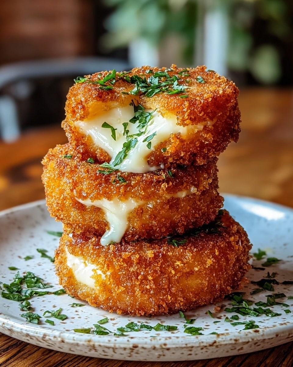 A stack of three round, golden brown fried cheese croquettes sits on a white speckled plate placed on a wooden table. Each croquette has a crispy, crumbly outer layer with a rich orange hue. The middle of each item oozes creamy white melted cheese that slightly drips down. Fresh green chopped herbs are sprinkled on top and around the croquettes, adding a fresh contrast to the warm colors. The background features a blurred white marbled texture, and the overall scene has a warm, cozy atmosphere. photo taken with an iphone --ar 4:5 --v 7