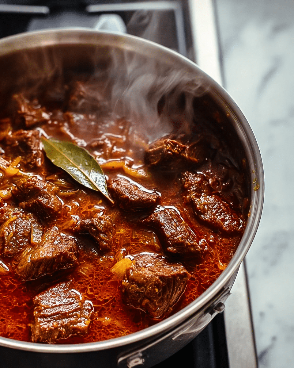 A close-up of a metal pan filled with rich, dark brown beef stew chunks slowly cooking in a thick, reddish-brown sauce. The chunky beef pieces have a textured, slightly shiny surface, and the sauce bubbles gently around them, giving a glossy look. A light green bay leaf lays on top, adding a touch of color. Steam rises softly from the hot stew, showing it is freshly cooked. The pan sits on a stovetop with a white marbled texture background. photo taken with an iphone --ar 4:5 --v 7